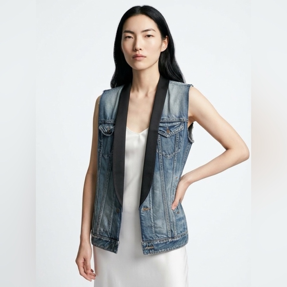Saint Laurent Denim Vest with Black Satin Collar